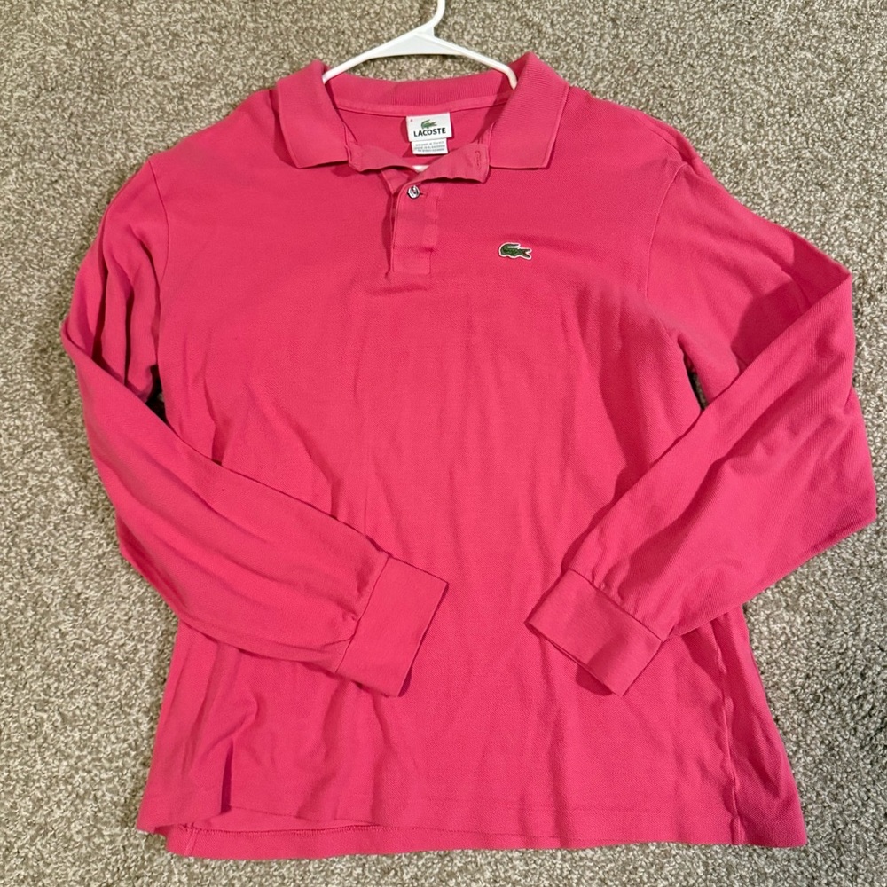 Lacoste Shirt Long Sleeve Button Up Collar Pink Preppy Men’s Collared Polo